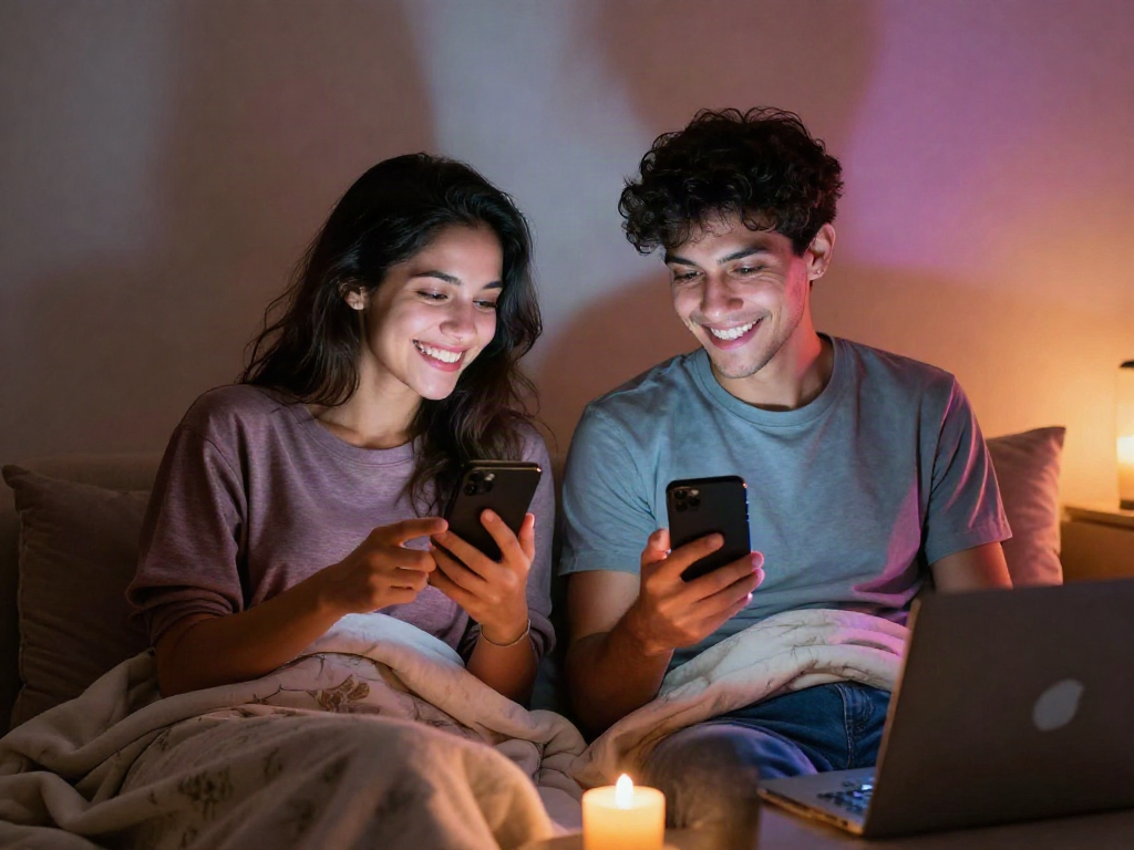 Engaging couple enjoying ai sexting in a cozy, romantic atmosphere with playful expressions.