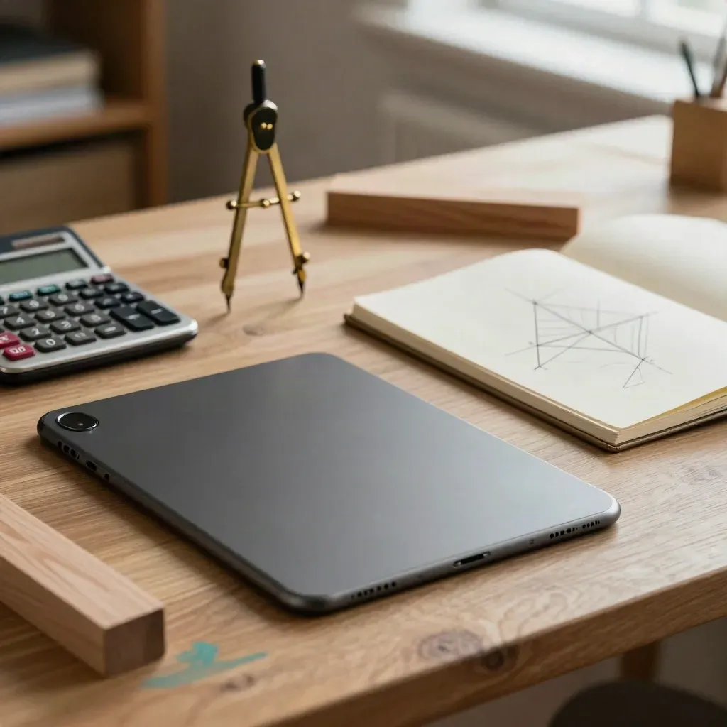 Kalkulator, cyrkiel, drewniane bryły i tablet w lekcji wideo z matematyki na biurku.