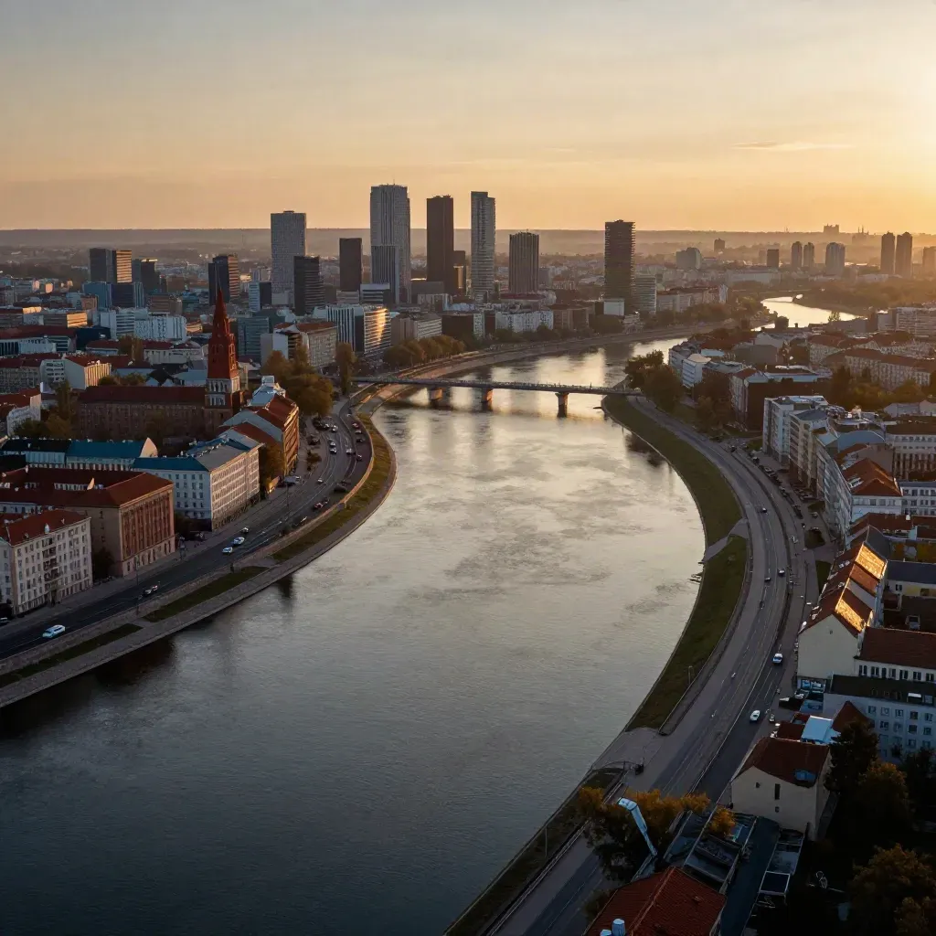 Warszawa o złotej godzinie nad Wisłą, panorama miasta i spokojna rzeka w ciepłym świetle.